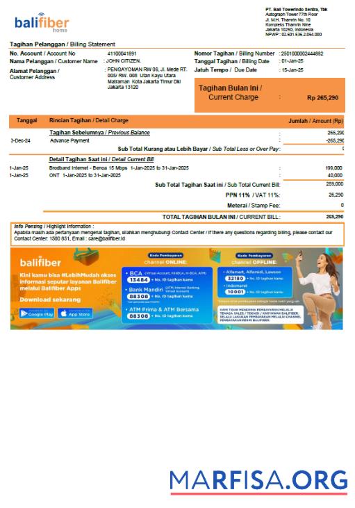 Realistic Indonesia Balifiber utility bill template in Word and PDF formats